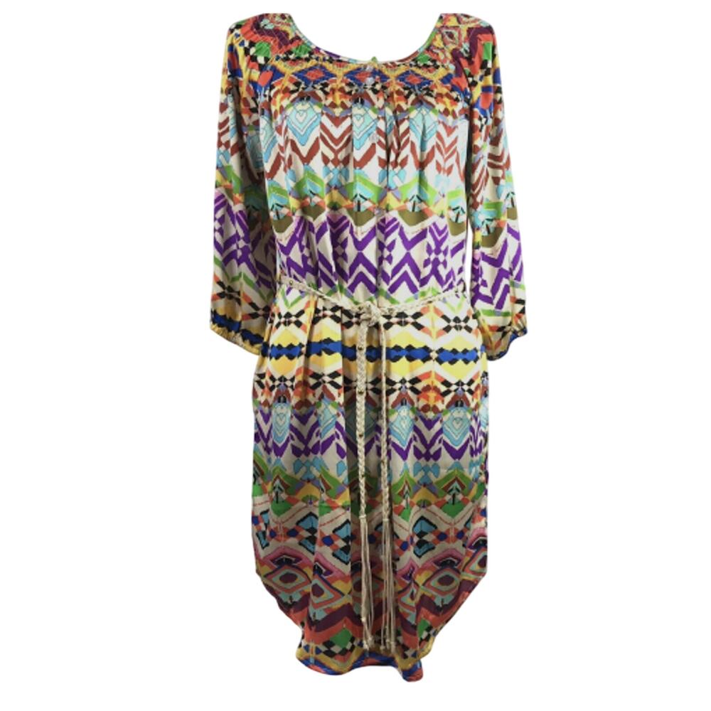 Umgee Boho‎ Dress Womens Small Smock Neckline Colorful Print Belted Comfy